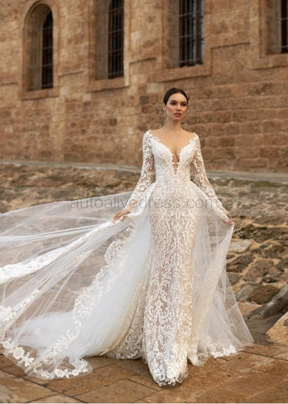 Beaded Ivory Lace Wedding Dress With Detachable Train